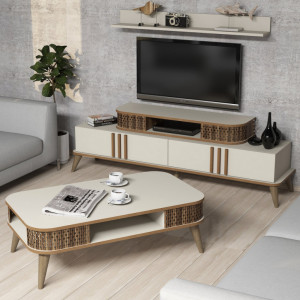 Set Comoda TV si Masuta de Cafea Model Schroeder, 105x60x34.6 cm, Crem - Img 2