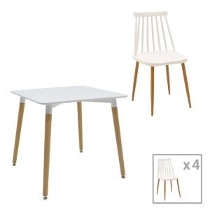 Set Masă si 4 Scaune Aurora-Natali, alb/natural, 80x80x76 cm