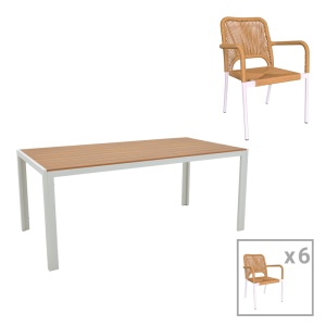 Set Masa si Scaune de Exterior, 7 Piese, Model Nares-Norture, Natural/Alb, 180x90x72.5 cm