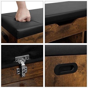 Bancă pantofar cu șezut tapițat, 3 compartimente și spațiu de depozitare ascuns, Maro Rustic/Negru, 80 × 30 × 44 cm - Img 4