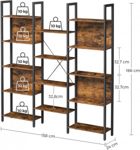 Biblioteca cu rafturi Model Lauren, Maro rustic/Negru, 158x24x166 cm - Img 4