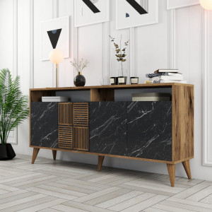 Comoda Model Milan, Nuc/Negru marmorat, 160x35x78 cm - Img 2