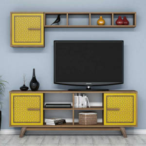 Comoda TV Ayla - Walnut, Yellow - Img 1