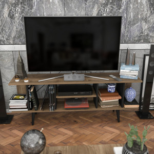 Comoda TV Salvador, Model Akya, 160x38.6x35 cm, Nuc/Negru - Img 1