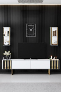 Comoda TV Salvador, Model Gold, 180x48x30 cm, Alb/Negru - Img 2