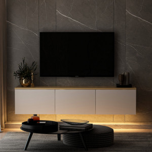 Comoda TV Salvador, Model Neon, 160x35x32 cm, Alb/Stejar - Img 5