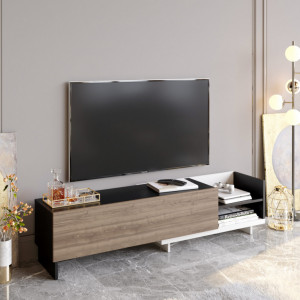 Comoda TV Salvador, Model Parion, 165x41x35 cm, Alb/Negru/Nuc - Img 2