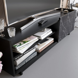 Comoda TV Salvador, Model Valantina, 140x41.4x37.1 cm, Negru/Negru marmorat - Img 3