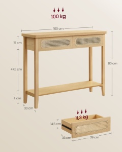Consolă pentru hol cu 2 sertare și poliță, stil Boho, Stejar Bej, 100 × 30 × 80 cm - Img 6