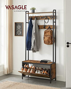 Cuier cu bancuta si suport pantofi Model Cervantes, Maro Rustic/Negru, 85x30x180 cm - Img 7