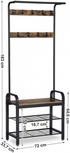 Cuier cu bancuta si suport pantofi Model Clay, Maro Rustic/Negru, 183x72x33.7 cm - Img 6