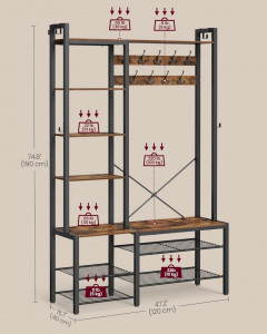 Cuier cu bancuta si suport pantofi Model Murphy, Maro Rustic/Negru, 120x40x190 cm - Img 5