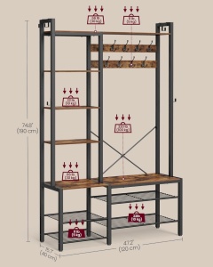 Cuier cu bancuta si suport pantofi Model Murphy, Maro Rustic/Negru, 120x40x190 cm - Img 5