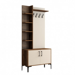 Cuier hol cu dulap Model ViyanaD, Nuc/Crem, 90x35x200 cm - Img 5