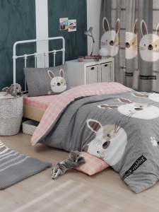 Lenjerie de pat 1 Persoana Model Tavşancık Light Brown, Grey, Pink