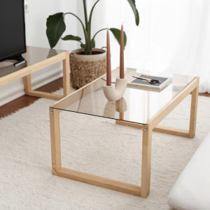 Masuta de Cafea Model Laura, 85x55x40 cm, Natural, Lemn masiv, Blat Sticla securizata - Img 2