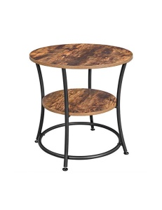 Măsuță laterală rotundă cu 2 niveluri, stil industrial, Maro Rustic/Negru, Ø55 × 55 cm