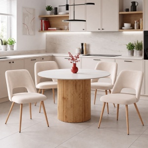 Scaun dining Nelda, tapițat cu catifea, Bej/Natur, 44 × 58 × 82 cm