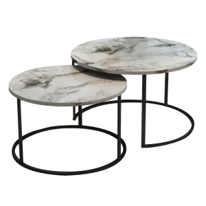 Set 2 Masute de Cafea Model Solme, Alb marmorat/Negru