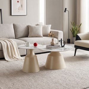 Set 2 măsuțe de cafea Sculpt, Cappuccino/Alb marmorat, 70 × 70 × 39 cm / 50 × 50 × 49,5 cm