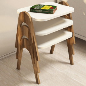 Set 3 Masute de Cafea Model Issac, 48.6x35.5x42 cm, Nuc/Crem - Img 1
