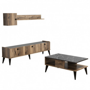 Set Comoda TV si Masuta de Cafea Model Flowers, 90x54x39.6 cm, Nuc/Negru marmorat - Img 4