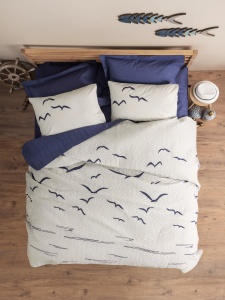 Set Lenjerie de pat 1 Persoana si Cuvertura Model Larum Dark Blue