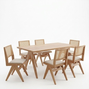 Set masă și 6 scaune Winslow, Nuc deschis/Natural/Gri deschis, 160 x 85 x 75 cm - Img 3