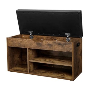 Bancă pantofar cu șezut tapițat, 3 compartimente și spațiu de depozitare ascuns, Maro Rustic/Negru, 80 × 30 × 44 cm - Img 5