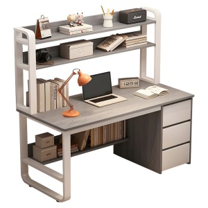 Birou cu Biblioteca Pako World, model Soco, 120x144x50 cm, Gri/Alb