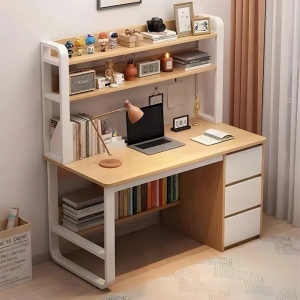 Birou cu Biblioteca Pako World, model Soco, 120x144x50 cm, Natural/Alb - Img 4