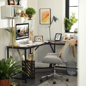 Birou pe Colt Vasagle, model Donald, 149x75x149 cm, Maro Rustic/Negru - Img 2