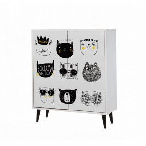 Comoda Model Cats, Alb/Negru/Galben, 95x36x111 cm - Img 3