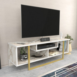 Comoda TV Salvador, Model Asal, 120x40.2x35.2 cm, Alb marmorat/Auriu - Img 2