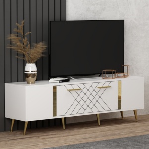 Comoda TV Salvador, Model Detas, 150x48.2x35 cm, Alb/Auriu - Img 2