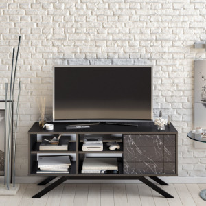 Comoda TV Salvador, Model North, 130x58.6x38.6 cm, Negru/Negru marmorat - Img 2