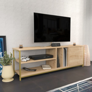 Comoda TV Salvador, Model Oneida, 140x50.8x35.3 cm, Auriu/Stejar - Img 2