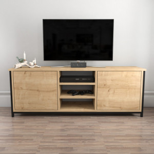 Comoda TV Salvador, Model Otis, 140x50.8x35.3 cm, Negru/Stejar - Img 1