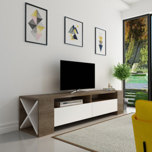 Comoda TV Salvador, Model Sosruko, 155x35x35 cm, Nuc/Alb - Img 4