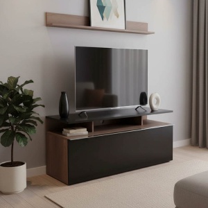 Comodă TV Temano, negru lucios/nuc, 117x40x48 cm