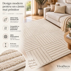 Covor tip Traversa VivaDeco Art V3, 60 x 110 cm, Crem, 100% Polipropilena, Fir 8 mm, 1900 g/mp, OEKO-TEX Standard 100 - Img 5