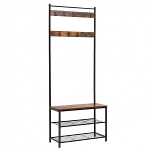 Cuier cu bancuta si suport pantofi Model Wu, Maro Rustic/Negru, 70x32.5x175 cm - Img 1