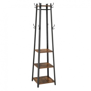 Cuier de podea cu 16 cârlige, 4 bare și 3 rafturi, stil industrial, Maro Rustic/Negru, 43 × 43 × 180 cm