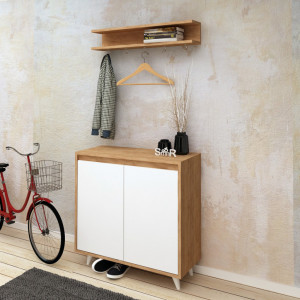 Cuier hol cu dulap Model Obsoyo, Stejar/Alb, 80x35x100 cm - Img 2