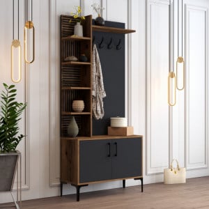 Cuier hol cu dulap Model Viyana, Nuc/Antracit, 90x35x200 cm - Img 2