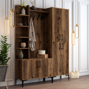 Cuier hol cu dulap si rafturi Model Viyana, Nuc, 150x35x200 cm - Img 3