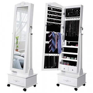 Dulap bijurerii cu oglinda, Songmics, Alb, 45x35x156 cm - Img 4