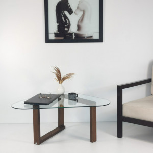 Masuta de Cafea Model Fields, 96x81x41 cm, Nuc, Lemn masiv, Blat Sticla securizata - Img 8