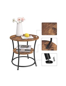 Măsuță laterală rotundă cu 2 niveluri, stil industrial, Maro Rustic/Negru, Ø55 × 55 cm - Img 2