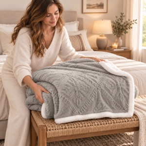 Pătură Cocolino cu blăniță Sherpa, model Romb Floral Embosat, Gri Închis, 200 × 230 cm